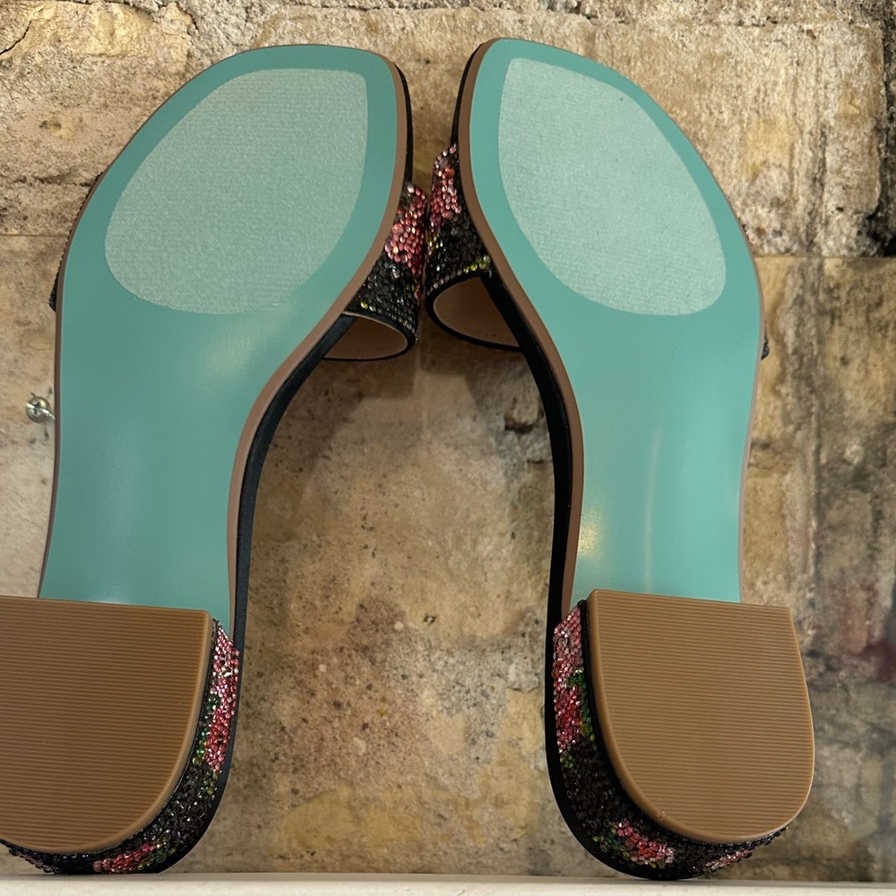Betsey Johnson Black Slide Heels with Pink & Green Crystal Florals - Picture 4 of 10
